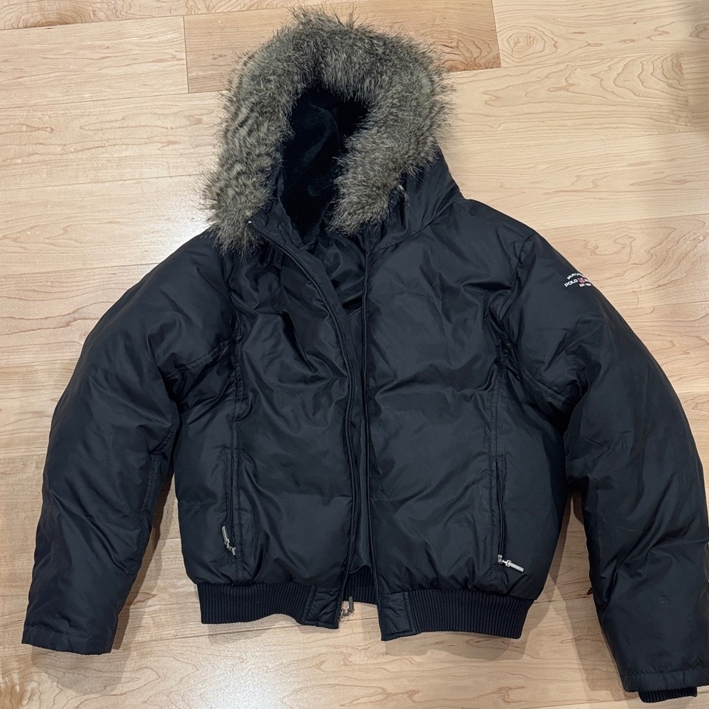 Ladies Ralph Lauren Polo Jeans Brand Black Winter Jacket with Faux Fur Hood